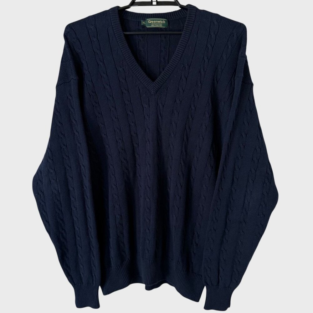 Vintage Greenwich Cable-Knit V-Neck Sweater Blue Men's XL Pullover Long-Sleeve